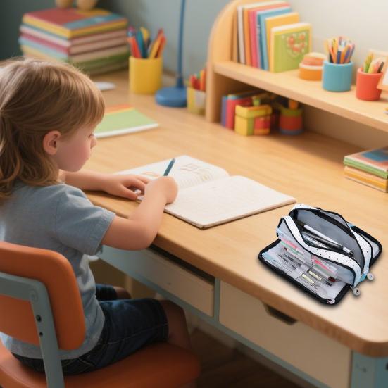 Large Pencil Case Canvas Makeup Bag with Zipper Multiple Compartments Pencil Pouch Lightweight Pencil Organizer