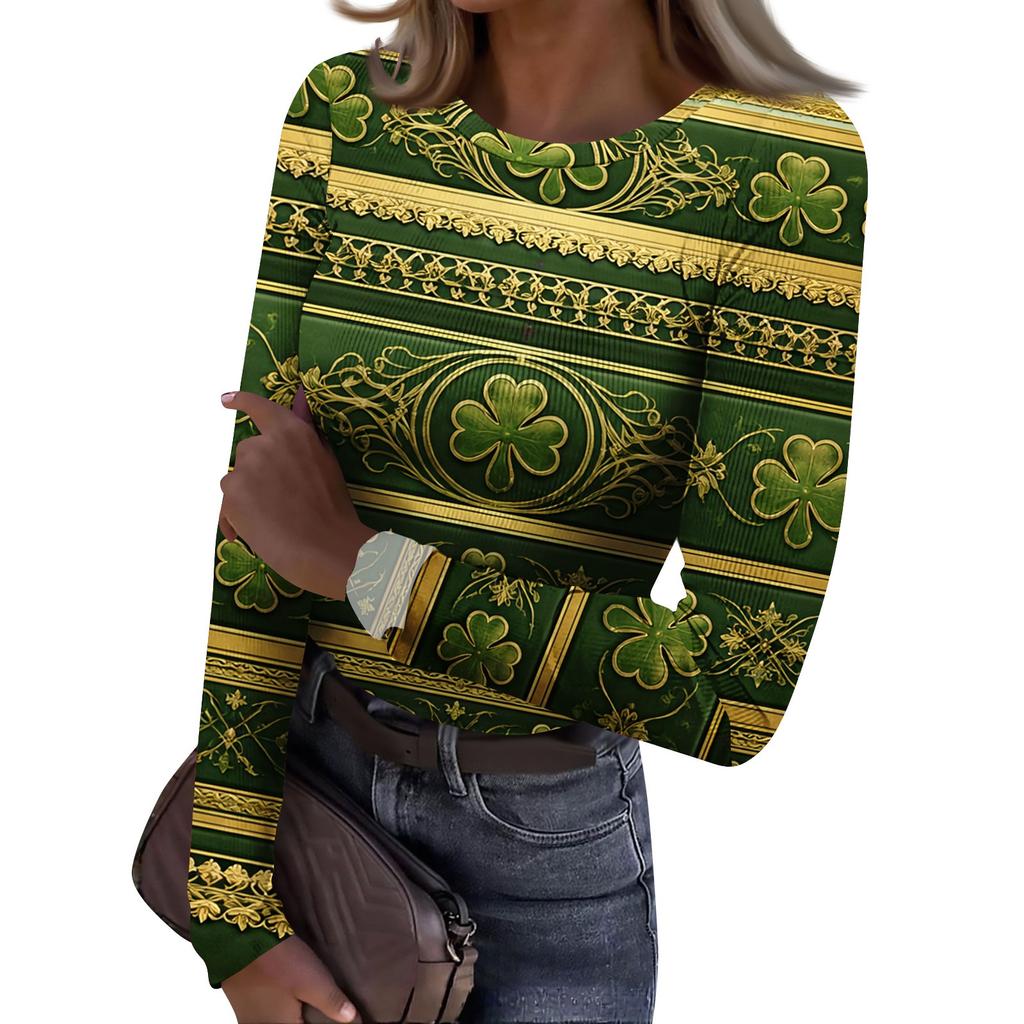 Women's And Winter Slim T-shirt Fashion Casual Printing Round Neck Pullover Long Sleeve Top