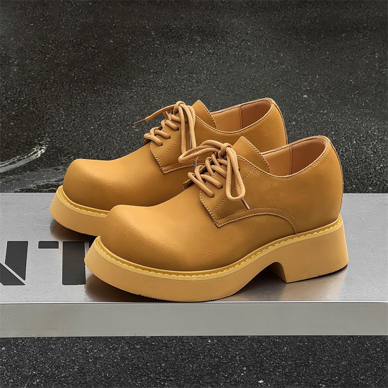 2025 new paris round head derby shoes muffin middle heel black matte thick sole heightening casual leather shoes