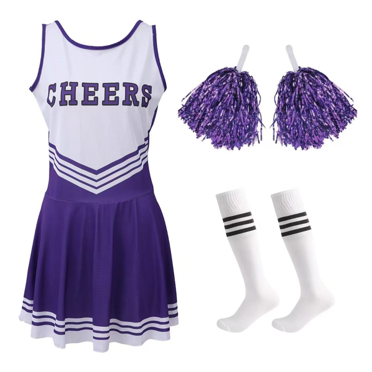 

Cheerleading Dance Costume For Women Sleeveless V Neckline Letters Printed Crop Top With Pleated Skirt And 2Pcs Flower Balls 120cm