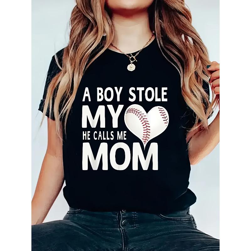 European sizes Women S Casual Graphic Print T-Shirt - A Boy Stole My Heart Design, Short Sleeve Crew Neck Perfect for Summer & Spring S чёрный