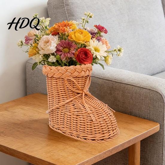 Christmas Scene Decoration Boots Shaped Imitation Rattan Storage Basket Hand Woven Decorative Container Durable Holiday Basket Large Capacity