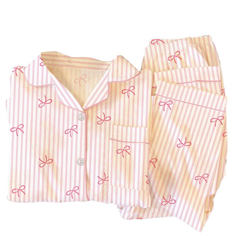 Women's Spring/Summer Pajamas: Long Sleeve & Pants, Loose Fit, Thin, Wrinkled Fabric, Bow & Stripes, Suitable for Outdoors