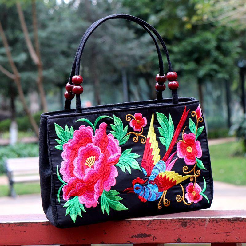 

Ethnic Chic Double Wooden Bead Tote Bag - Reversible Double-Sided Floral Embroidery Boho Purse for Women, Tribal Pattern Casual Handbag