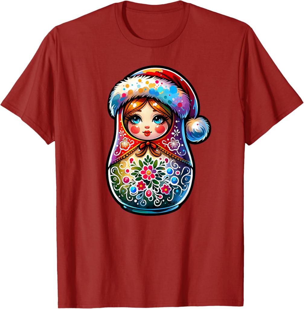 Christmas Matryoshka Doll Graphic Tee Breathable Short Sleeve Casual Round Neck T-Shirt