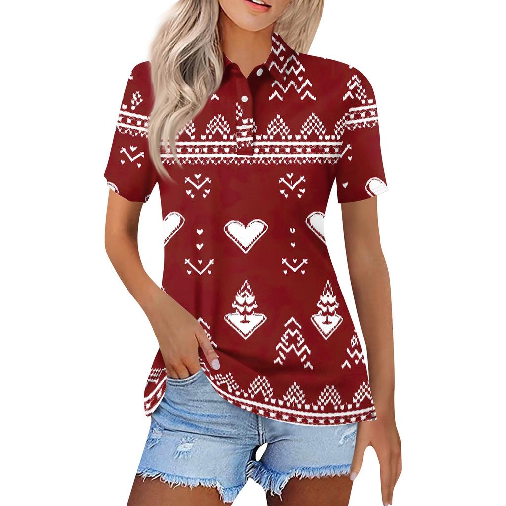 Women's Fashion Casual Lapel Short Sleeve Christmas Print Shirt Women's Button Up Tops