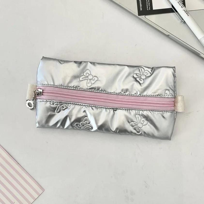 Women Makeup Brush Pouch Waterproof Student Pencil Case Pen Box Girls Cute Bow Stationery Organizer Girls Zipper Coin Purse