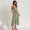 Summer Beach Dress V Neck Sleeveless Spaghetti Strap Shirring Backless Colorful Print Back Zipper Strappy Waist Vacation Sundress Holiday Slip Dress