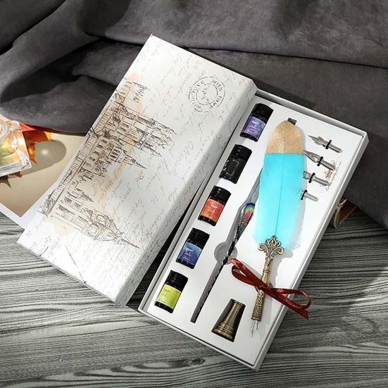 Glass Dip Signature Fountain Pen Faux Crystal Feather Design Writing Decor Set