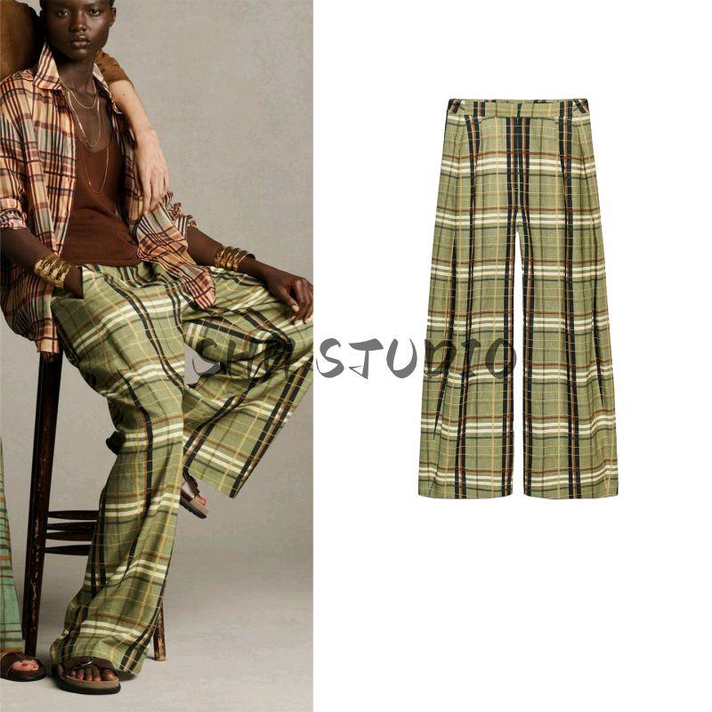 Summer New Product Women's Clothes Casual Air Outlet Pocket Decoration Linen Blend Gingham Mid-Waist Straight Pants 8371029