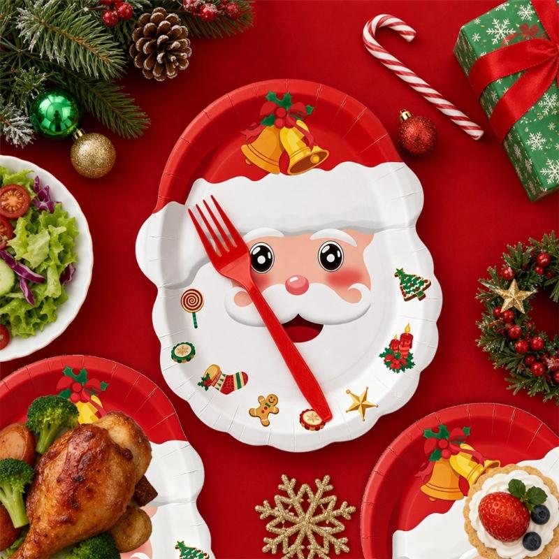 Holiday Party Supplies Tableware Set with Santa and Tree Paper Plates, Cups Napkins Hanging Sign and Table Cover for Christmas Dinner Tables