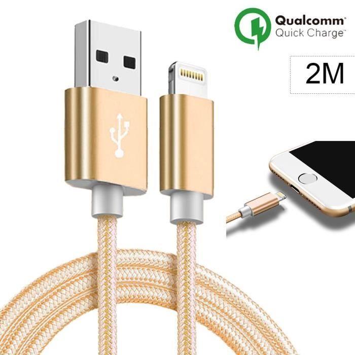 Câble pour iPhone - Non spécifié - 2M - Nylon Doré - Compatible avec plusieurs modèles d'iPhone - USB