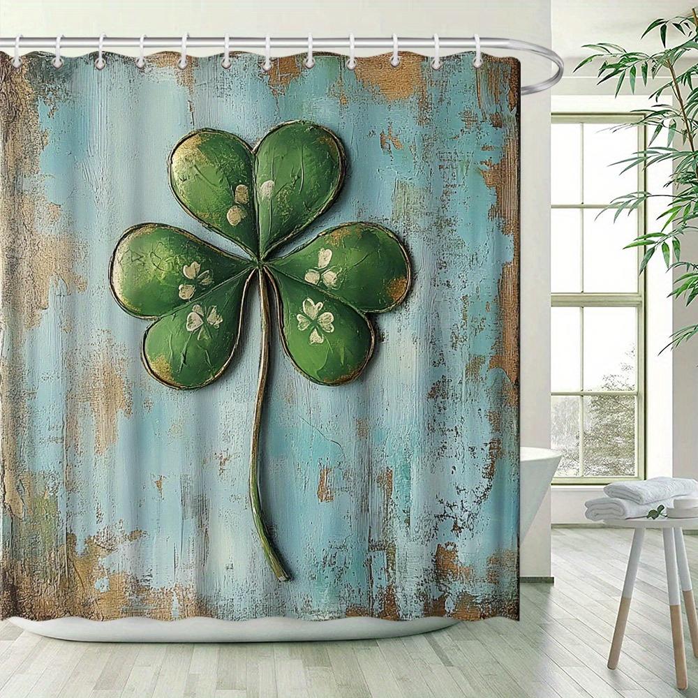 Rustic Four-Leaf Clover Shower Curtain - Hand-Painted Clovers, White Flowers, Distressed Turquoise, Vintage Style, Polyester