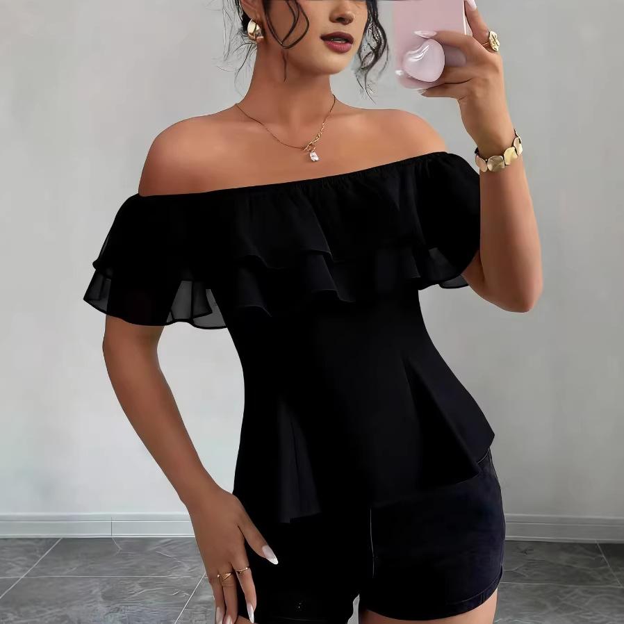 Summer New Style Fashionable One-shoulder Ruffled Chiffon Top with Frills - A Sexy Short-sleeved Top with Exposed Shoulders