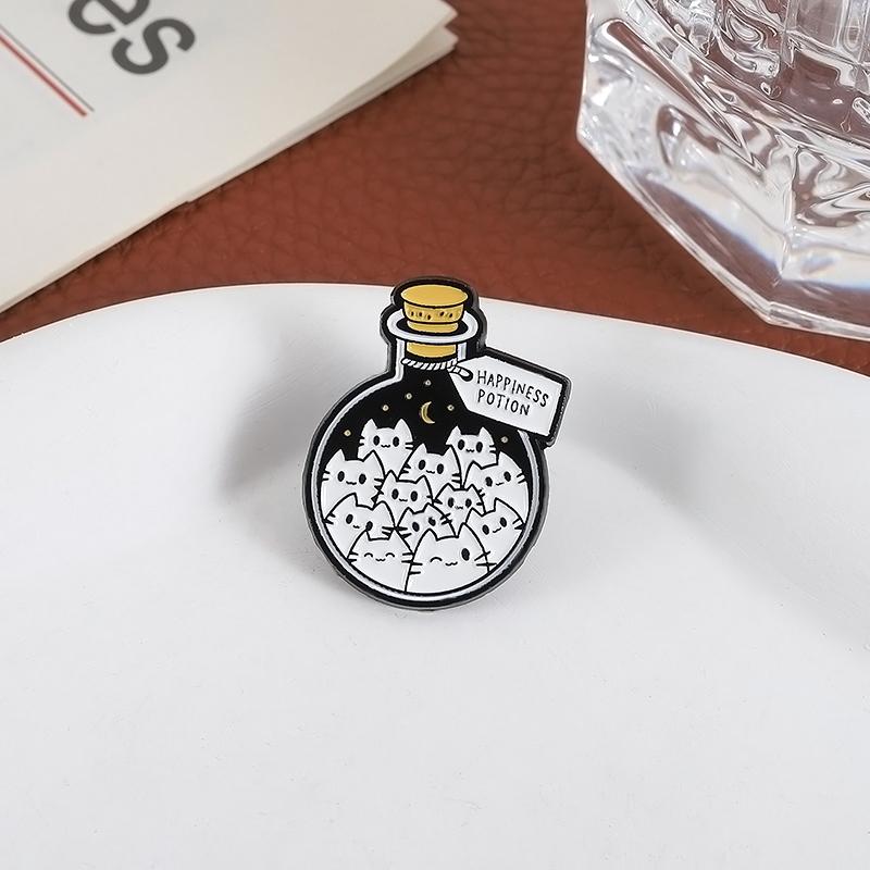 Cartoon Cat Happiness Potion Enamel Pin, Cat Lover Metal Brooch, Lapel Backpack Badge, Creative Jewelry Gift