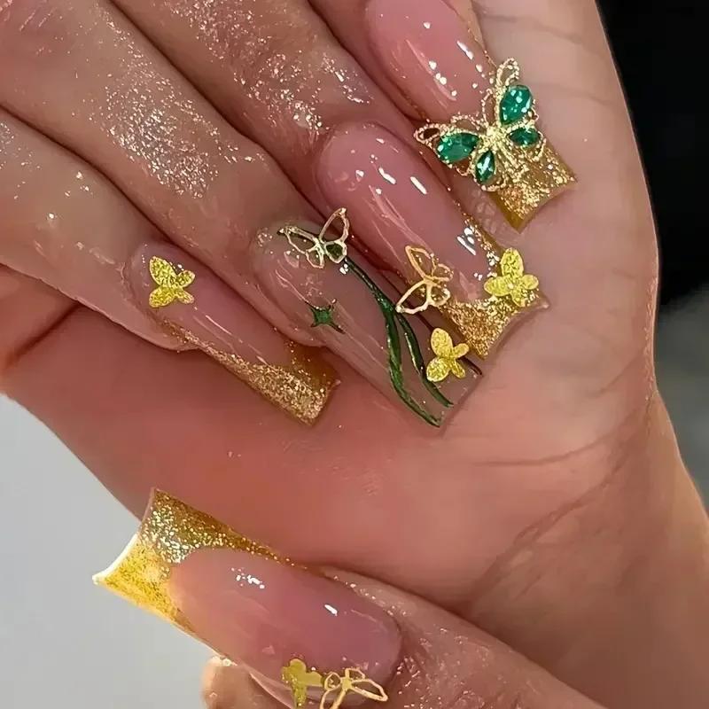 24Pcs Green French Fake Nails With Diamond Gold Butterfly Elegant Long Square Acrylic Artificial Press On Nails