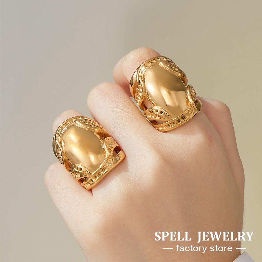 Vintage Decorative Edges Chunky Ring In Stainless Steel 18K Gold Plated Wide Band Statement Rings For Women Daily Wear Jewelry
