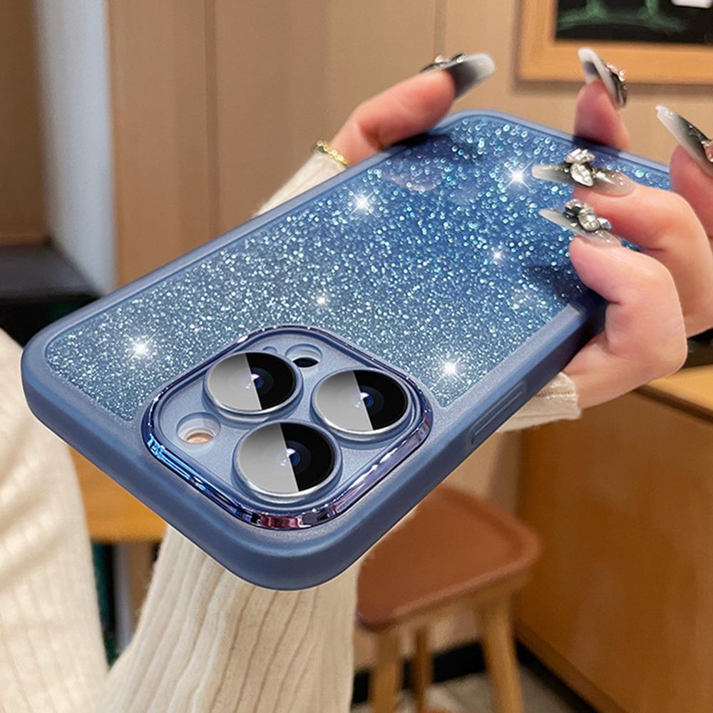 For iPhone 16 Pro Max Case Gradient Glitter Shockproof PC+TPU Phone Cover with Lens Film