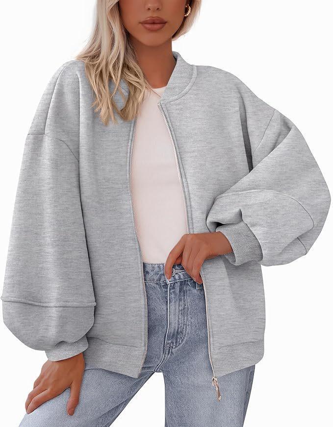 Damen Rundhals Reißverschluss Bomberjacke Lockere Passform Ballon Langarm Einfarbig Tasche Cardigan Große Größen Frühling Herbst Tägliche Oberbekleidung XL