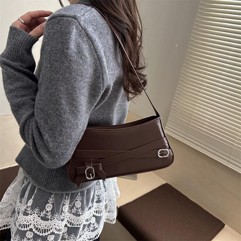 Vintage Belt Bow Design Shoulder Bags for Women Solid Color Ladies PU Underarm Bag Outdoor Portable Female Phe Handbags