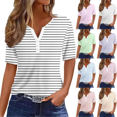 Women's Casual  Printed V-Neck Short Sleeve Decorative Button T-Shirt Top