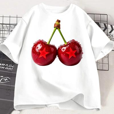 Kirschstern-Print Damen T-Shirt Süßes Frucht-Grafik-Tee Lässiges Kurzarm-O-Ausschnitt Lockeres Kawaii Oberteil T-Shirts
