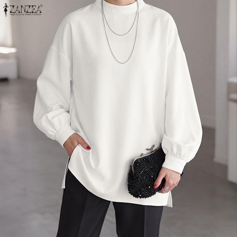 ZANZEA Women Elegant Mock Neck Long Puff Sleeve Casual Loose Solid Color Blouse Tunic Tops