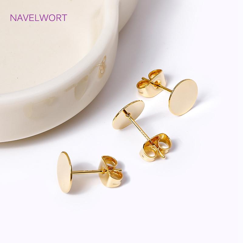 18K Gold Plated Brass Metal Blank Post Earring Studs Base Pins Ear Post with 8/10/12MM Pad DIY Earring Jewelry Making Supplies