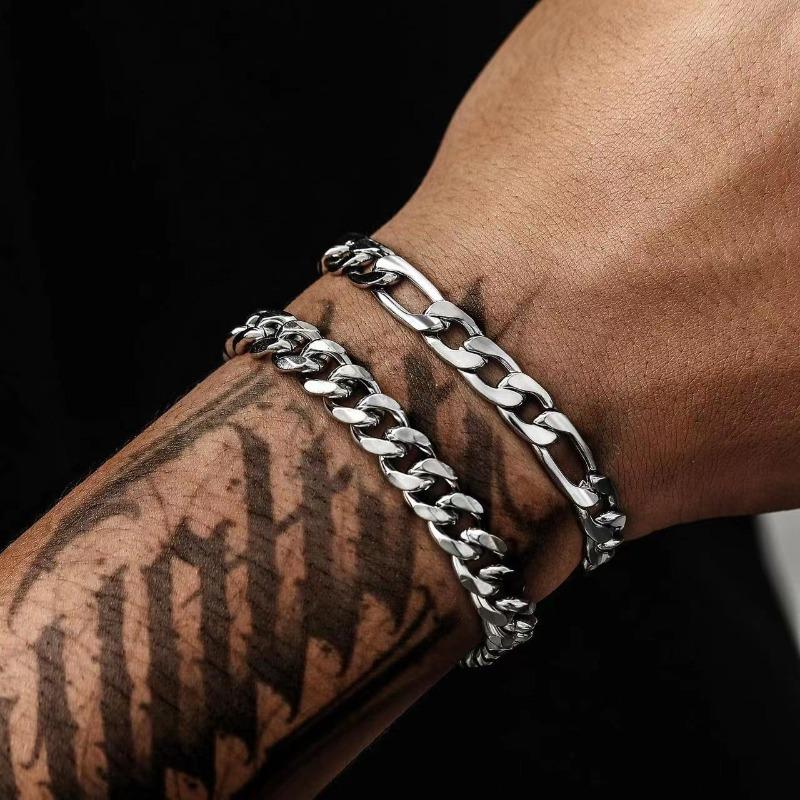 2Pcs Chain Bracelet for Men Titanium Steel Bracelets for Mens 8inch Figaro Rope Cuban Link Bracelets Set for Men Dad Husband