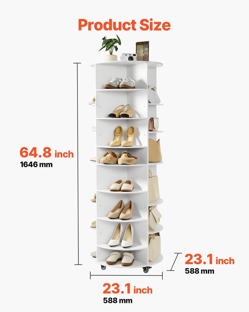 7 Tier Rotating Shoe Rack Tower with Adjustable Shelves, Movable 360° Spinning Carousel Display with Wheels, Lazy Susan Organizer Closet for Bedroom,