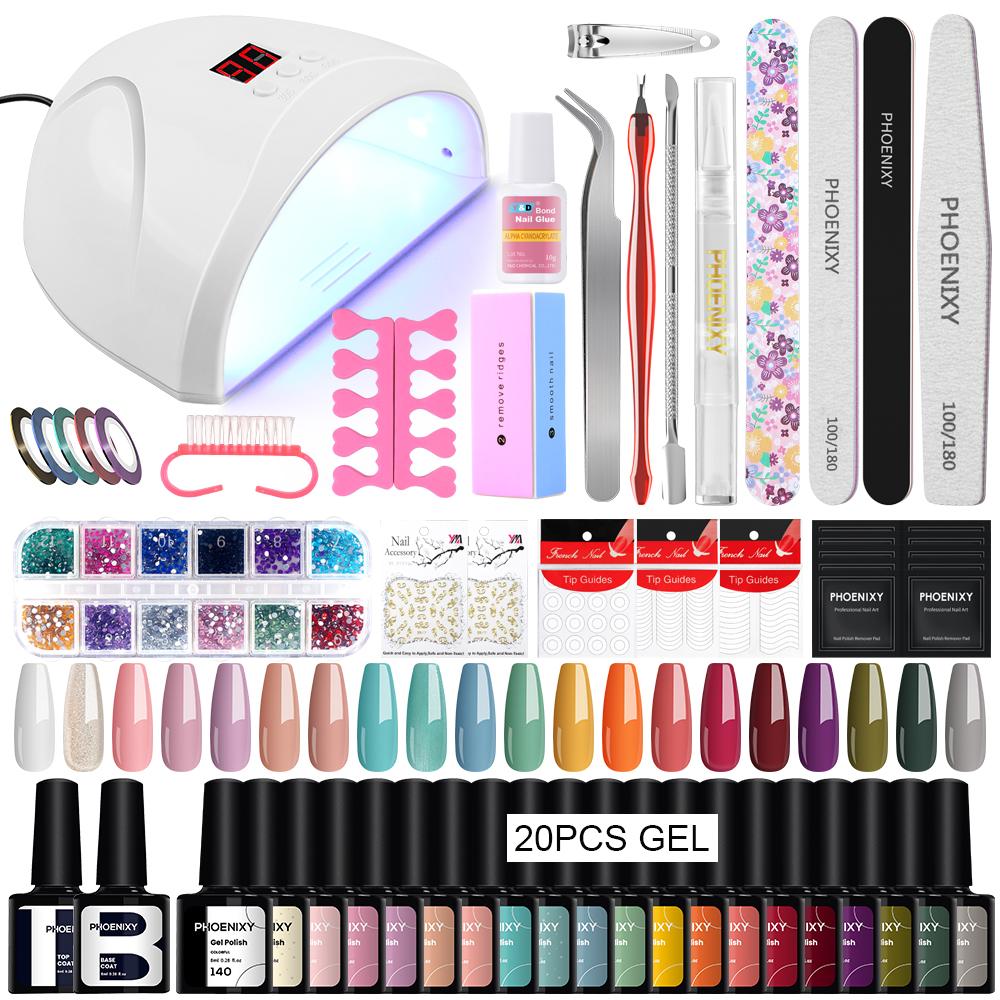 PHOENIXY 20 Colors & Base Top Coat Set Gel Nail Polish Kit with 36W LED Light Gel Varnish UV LED Nail Lamp Manicure Tools Popular Nail Art Designs