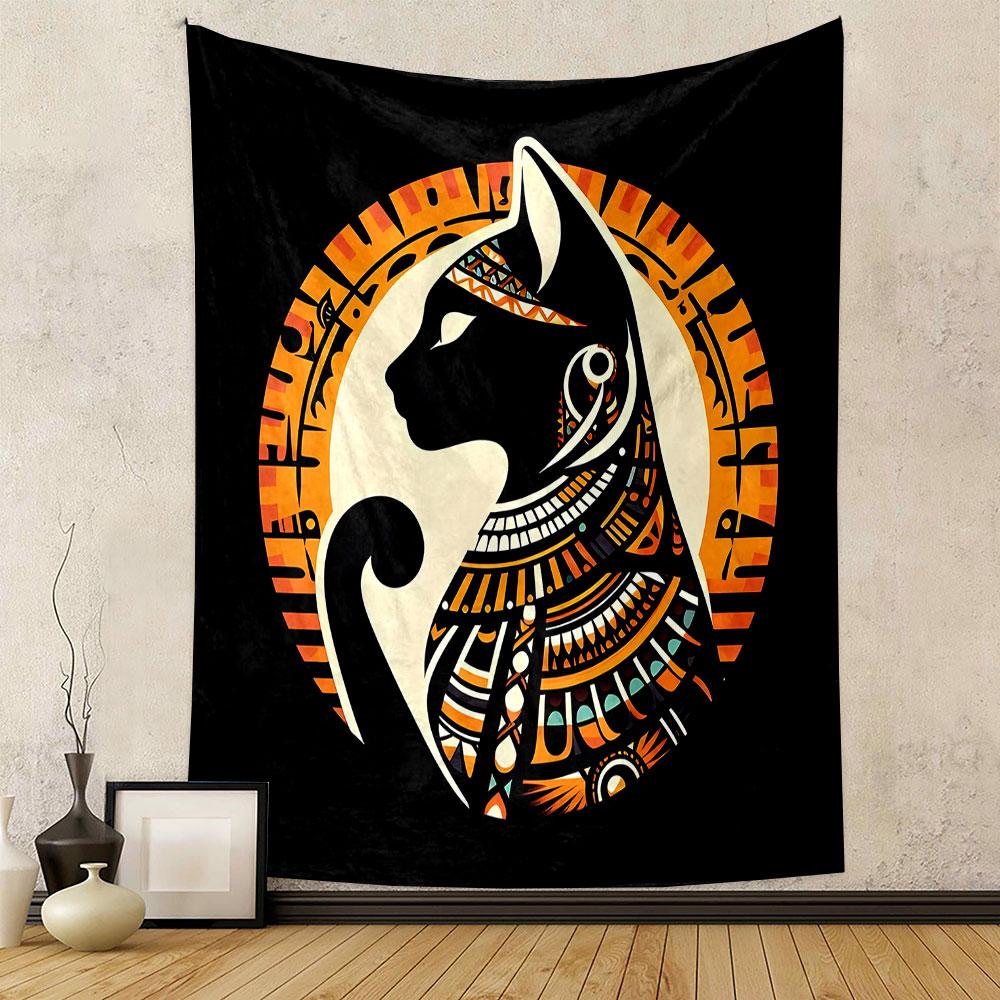 Egyptian Cat Silhouette Patterned Tapestry Decorative Wall Hanging, Home Bedroom Living Room Decor