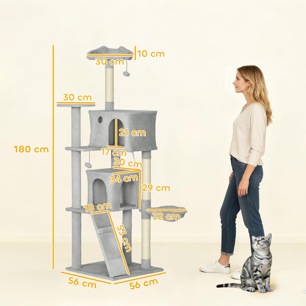 Cat Scratching Tree, 180 Cm, Platforms, Bed, 2 Caves, Hammock, Ladder, Sisal Posts, Light Gray