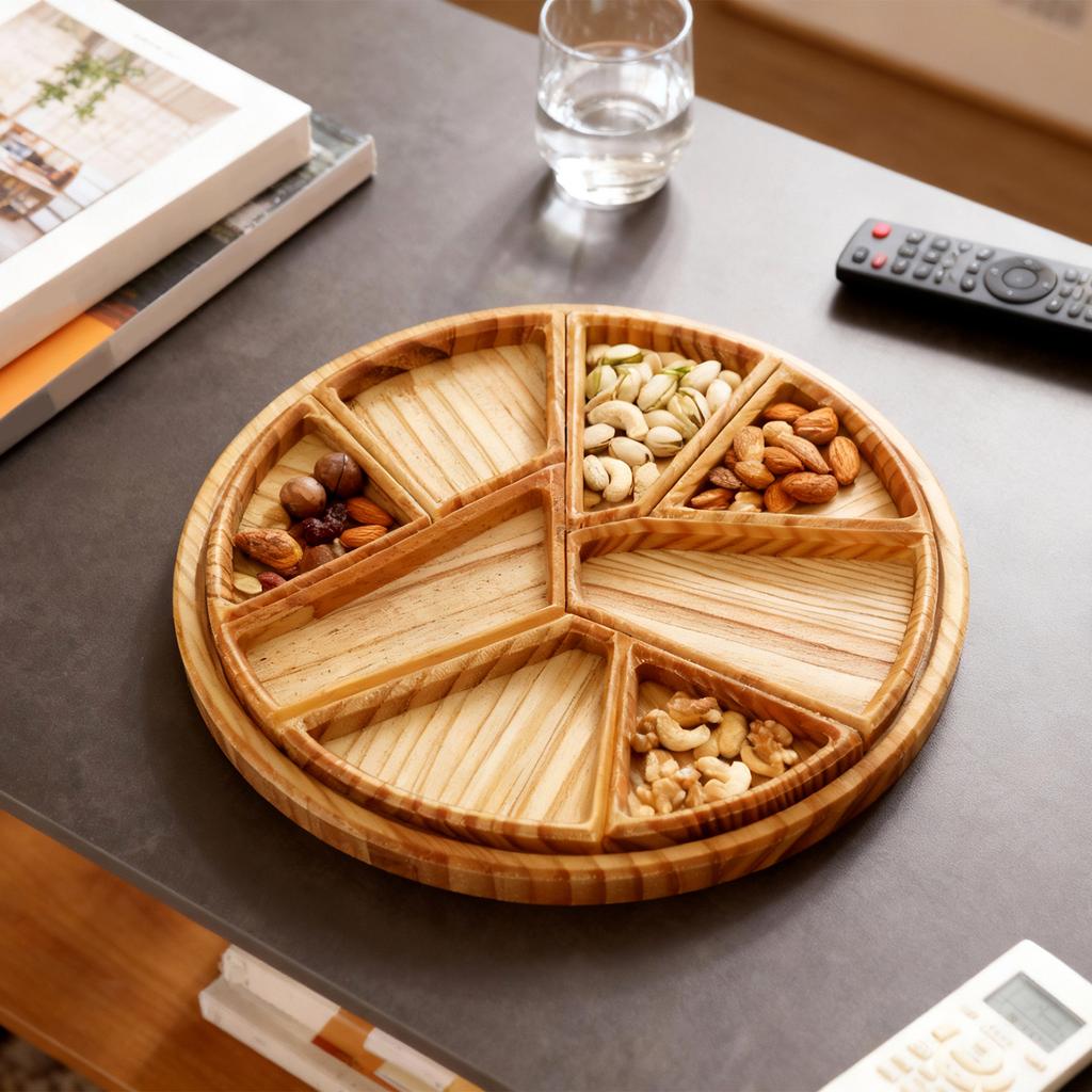 Wooden Divided Storage Tray Puzzle Serving Tray with 8 Removable Compartment Food Fruit Dessert Nut Snacks Side Dish Tray