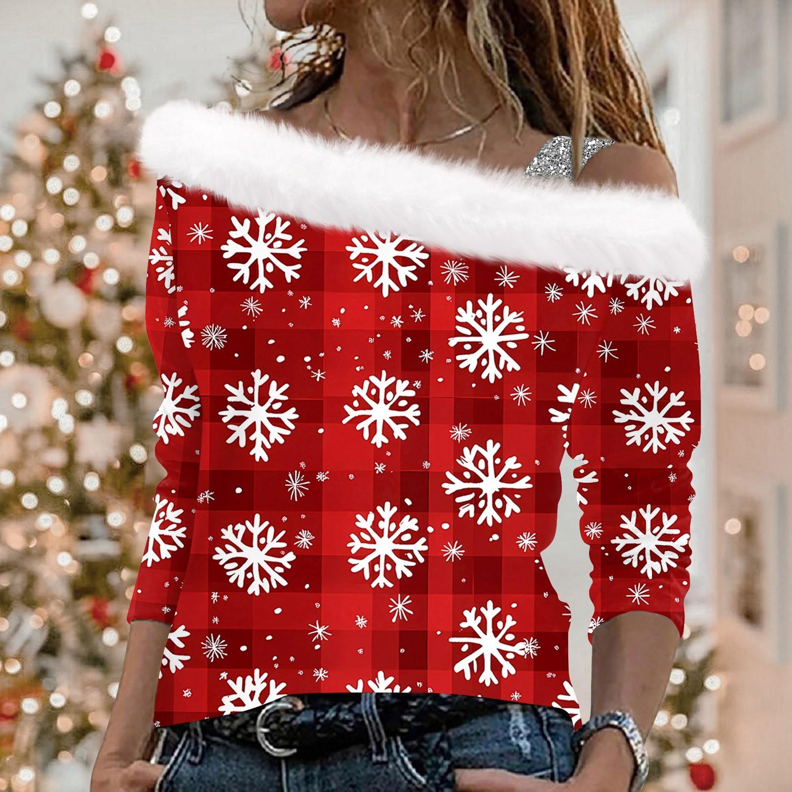 

Женские топы с длинным рукавом, модные женские свободные пуловеры с рождественским принтом и открытыми плечами XL винный