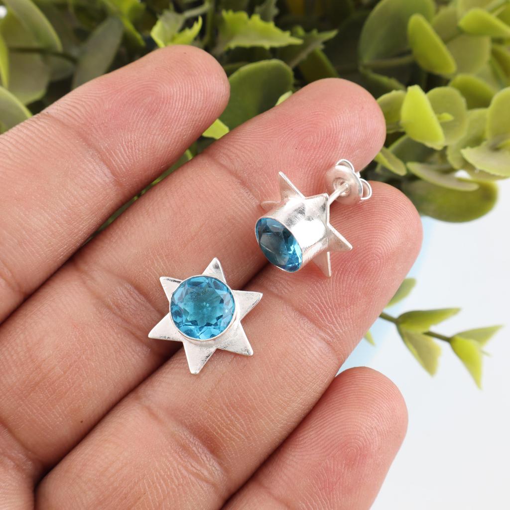 Swiss Blue Topaz Earring Gemstone Earring, 925 Solid Sterling Silver Earrings Jewelry Handmade Earrings, Silver Jewelry For Gift