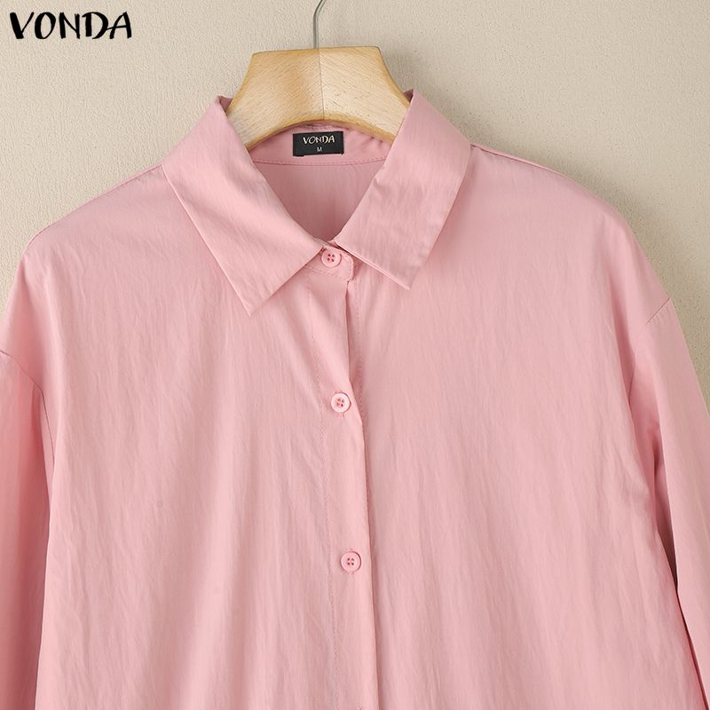 VONDA Women Lapel Neck Long Sleeve Solid Button Down Casual Ruffled Shirts Dress