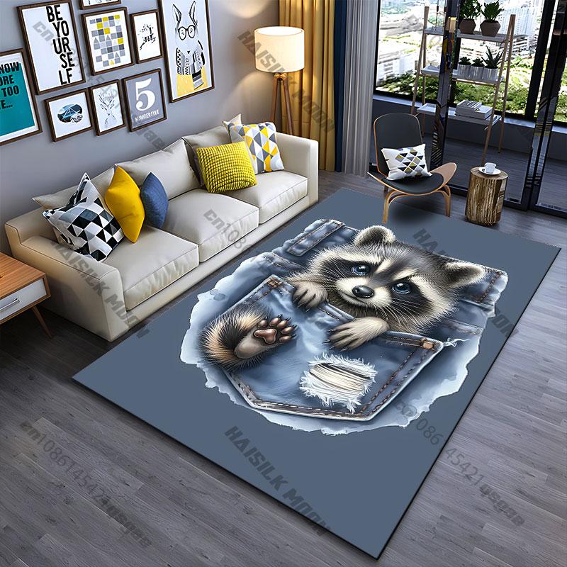 Raccoon nestled inside pocket carpet Yoga living room room decor children's crawling mat doormat area rug games mat