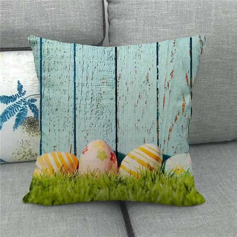 Easter Cushion Cover Cute Bunny Eggs Printed Pillow Covers 18x18 Inches Easter Decorations Hare Rabbit Flower Linen Pillowcase