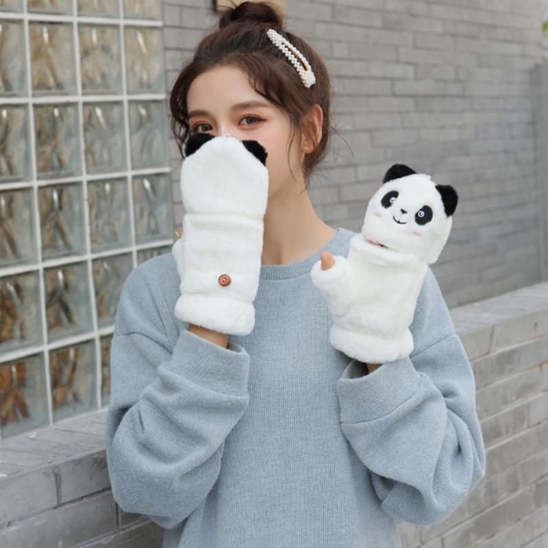 Winter Warme Handschuhe Flauschige Tier-Fäustlinge Plüsch-Panda Halbfingerhandschuhe mit Klappdeckel Warme Handschuhe für Kaltes Wetter