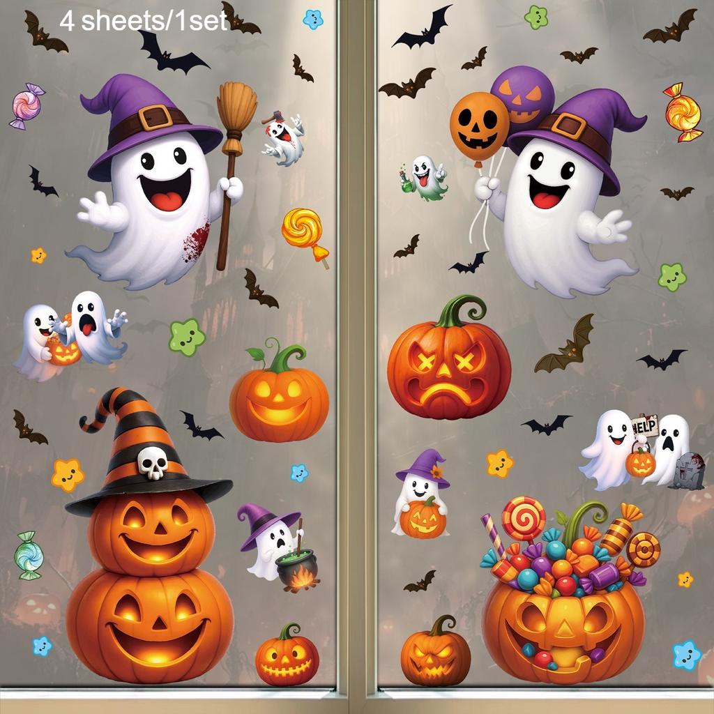 Halloween pumpkin glass stickers, exquisite holiday party decoration arrangement candy pumpkin lantern black cat window stickers