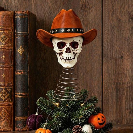 Halloween Desktop Ornament Gothic Skull Tree Topper with Cowboy Hat, Vintage Western High-end Home Decor Skeleton for Halloween, Spooky Christmas Top