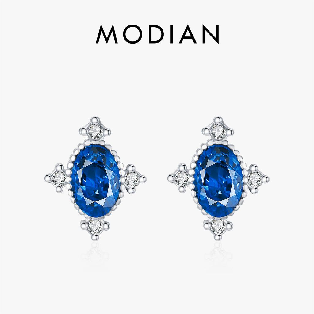 MODIAN 925 Silver Vintage Geometric Royal Crown Blue Zirconia Charming Stud Earrings For Women Party Fine Jewelry