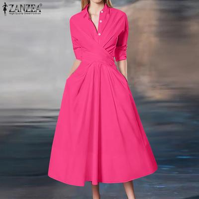 Robe chemise décontractée à manches longues et col rabattu pour femmes