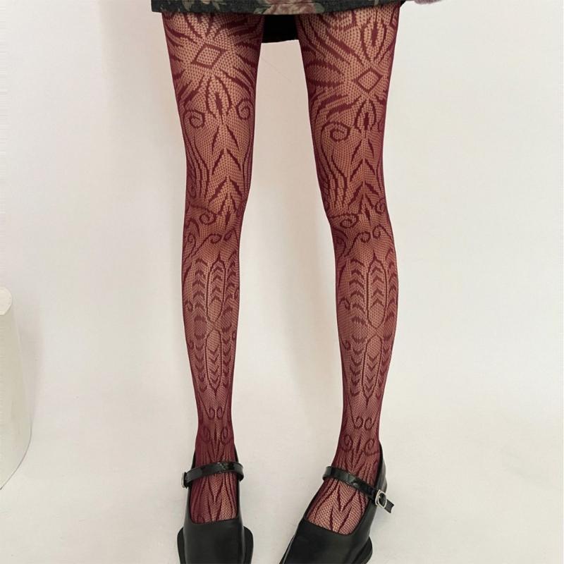 Women Vintage Hollowed Fishnet Pantyhose Stockings Japanese Aesthetic Exotic Geometric Patterned Mesh Tights Leggings