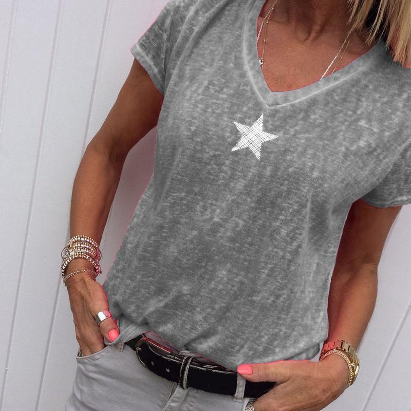 Stylish Women V-neck T-shirt Casual Loose Star Summer Shirts Solid Short Sleeve Perfect For Outdoor Activities