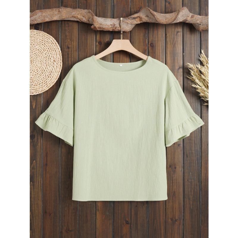 Summer Solid Color Comfortable Casual Round Neck Cotton Linen Off Shoulder Loose Slimming Women's Plus Size Shirt