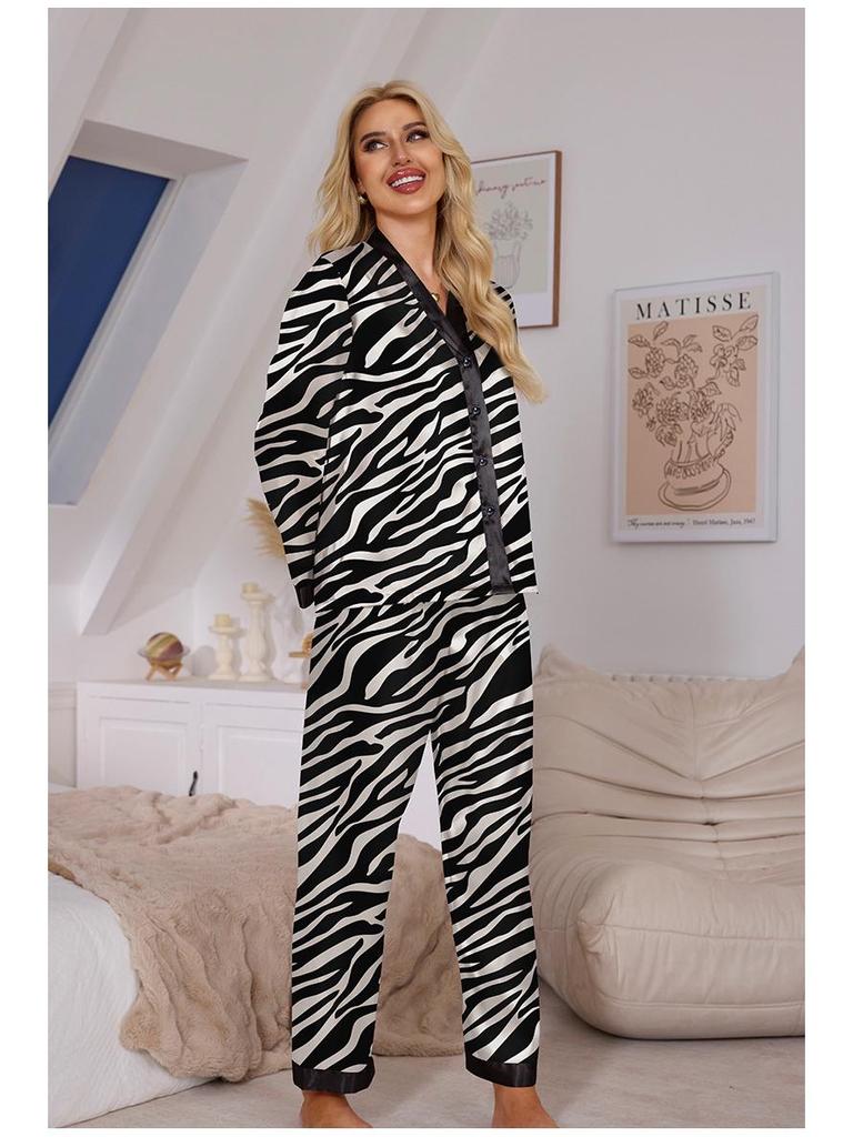 Damen Pyjama-Set mit Leoparden- und Zebra-Print - Langärmliges Oberteil und Hose, Perfekt für Frühling und Herbst (TZ21941)
