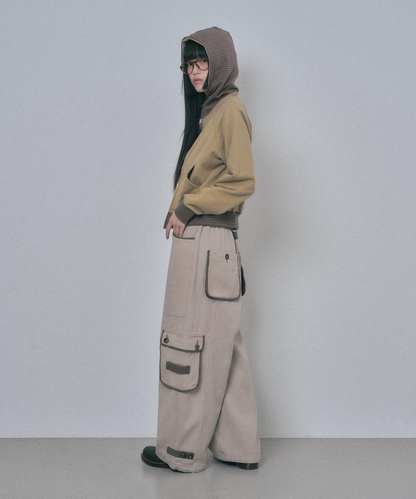 MOO Contrast Cargo Cotton Pants - Light Beige