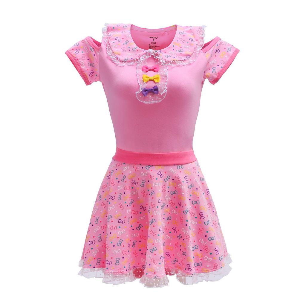 LittleForBig Adult Romper with Bow and Skirt with Special Sleeves and Lace Cotton Size 4XL (2-Piece Set) [Meow Meow] Hem, Pajamas,